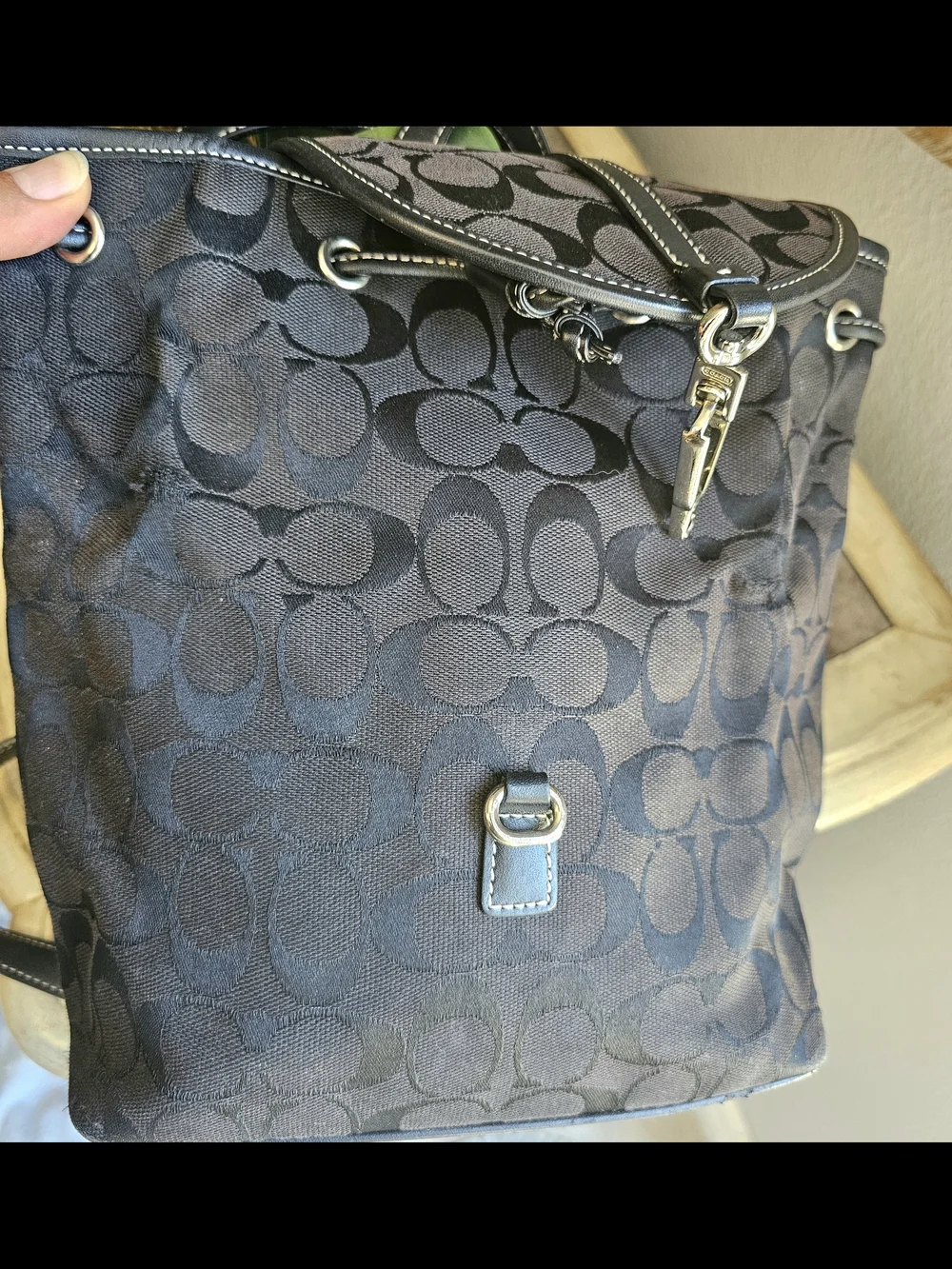 Vintage Coach Signature Canvas Drawstring Backpack Black Leather Trim Monogram